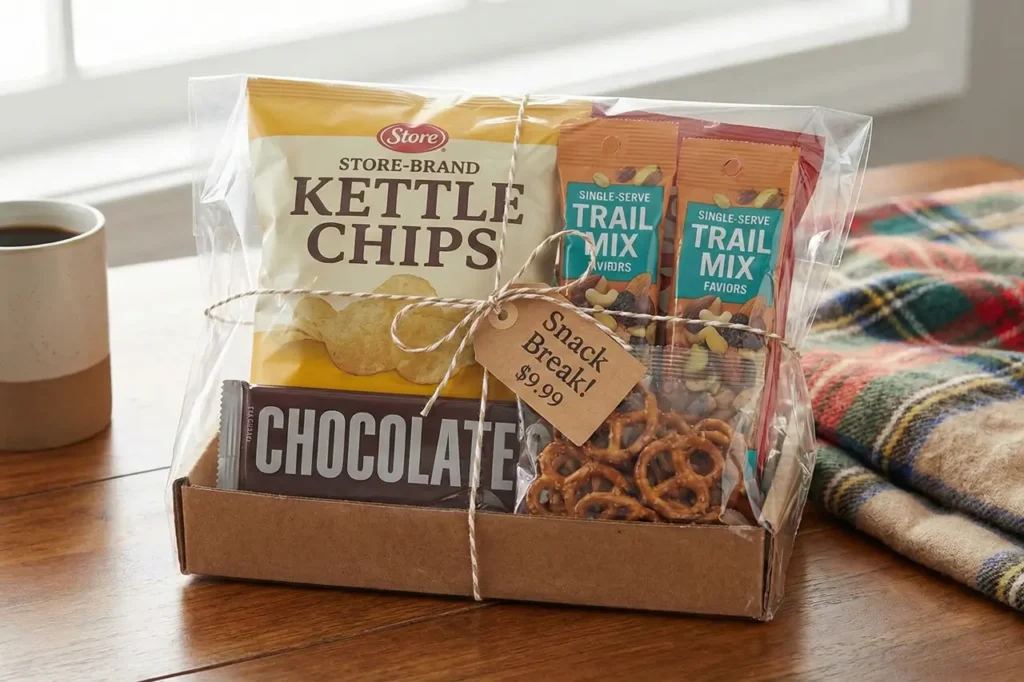 Snack gift pack idea for male coworker Christmas gifts.