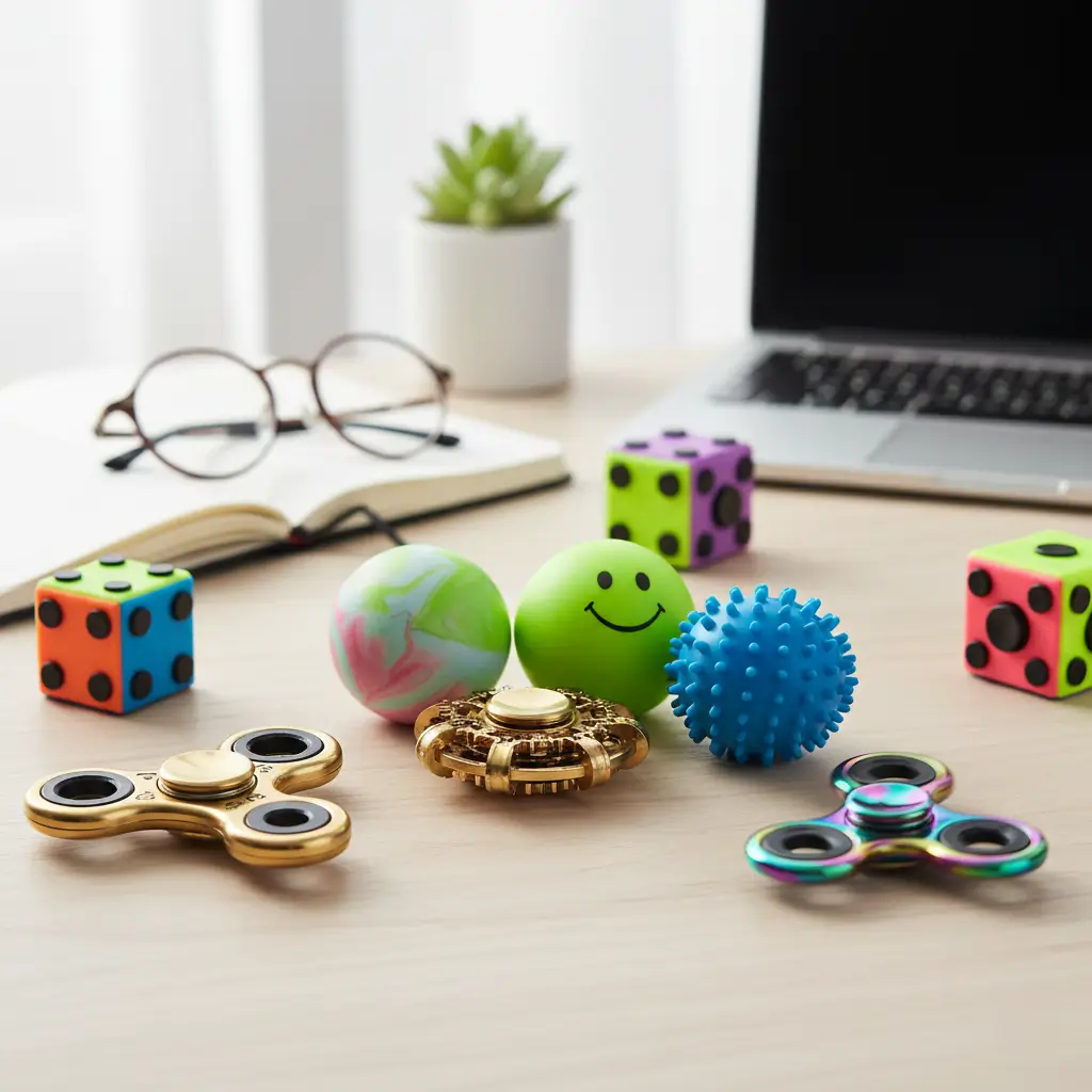 Colorful stress-relief toys including fidget cube and squeeze ball, playful anxiety-relief presents for office staff.