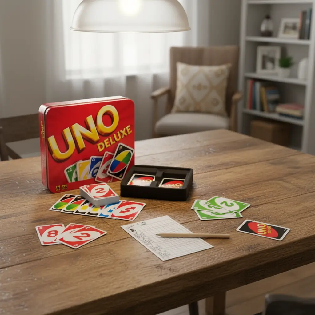 UNO and trivia card games on table, social team-building gifts for workplace holiday parties.