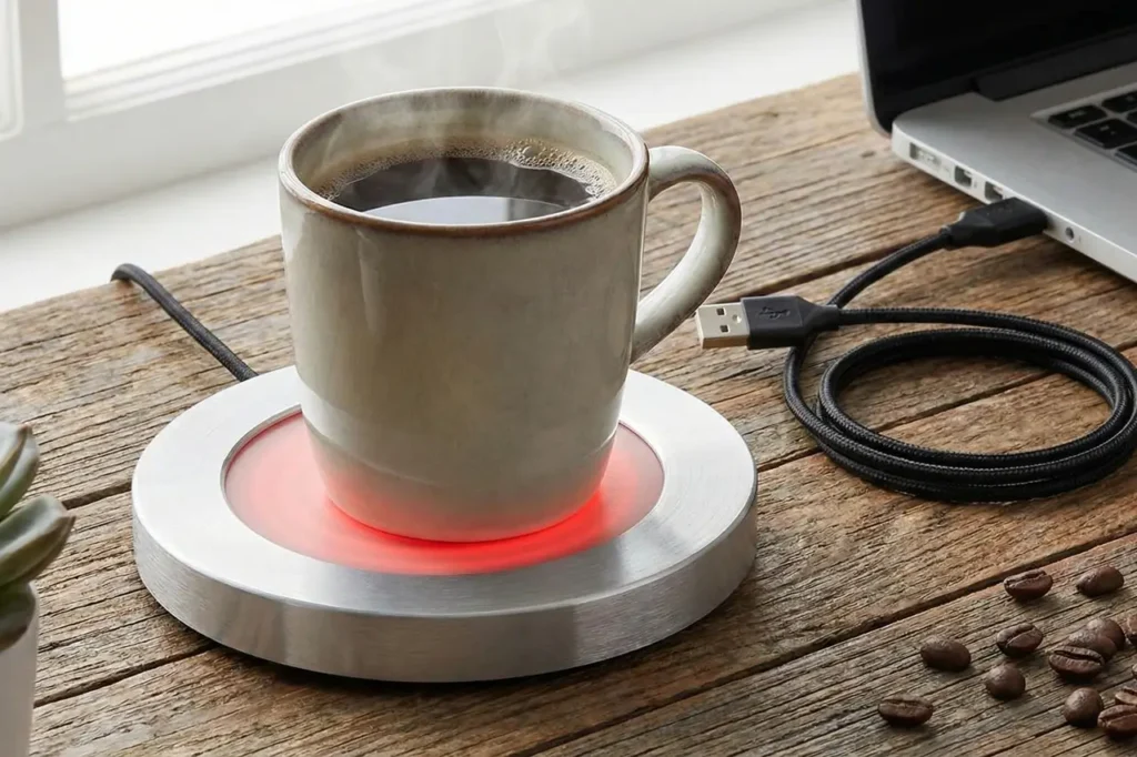 USB coffee warmer example from Secret Santa Gift Ideas for Male Coworkers.