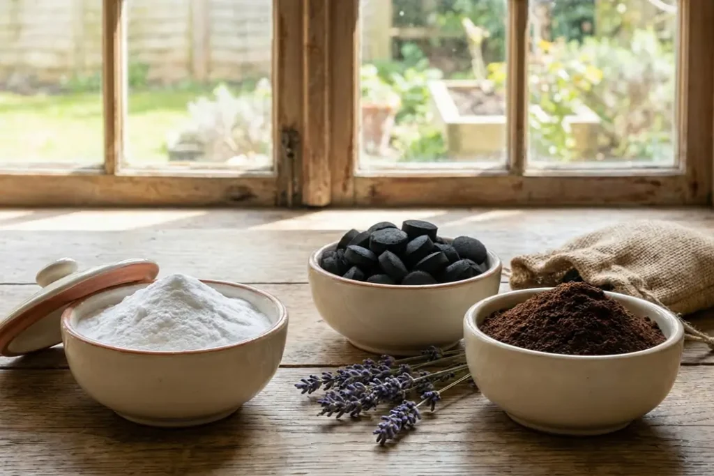 Baking soda and charcoal are used as natural odor absorbers.