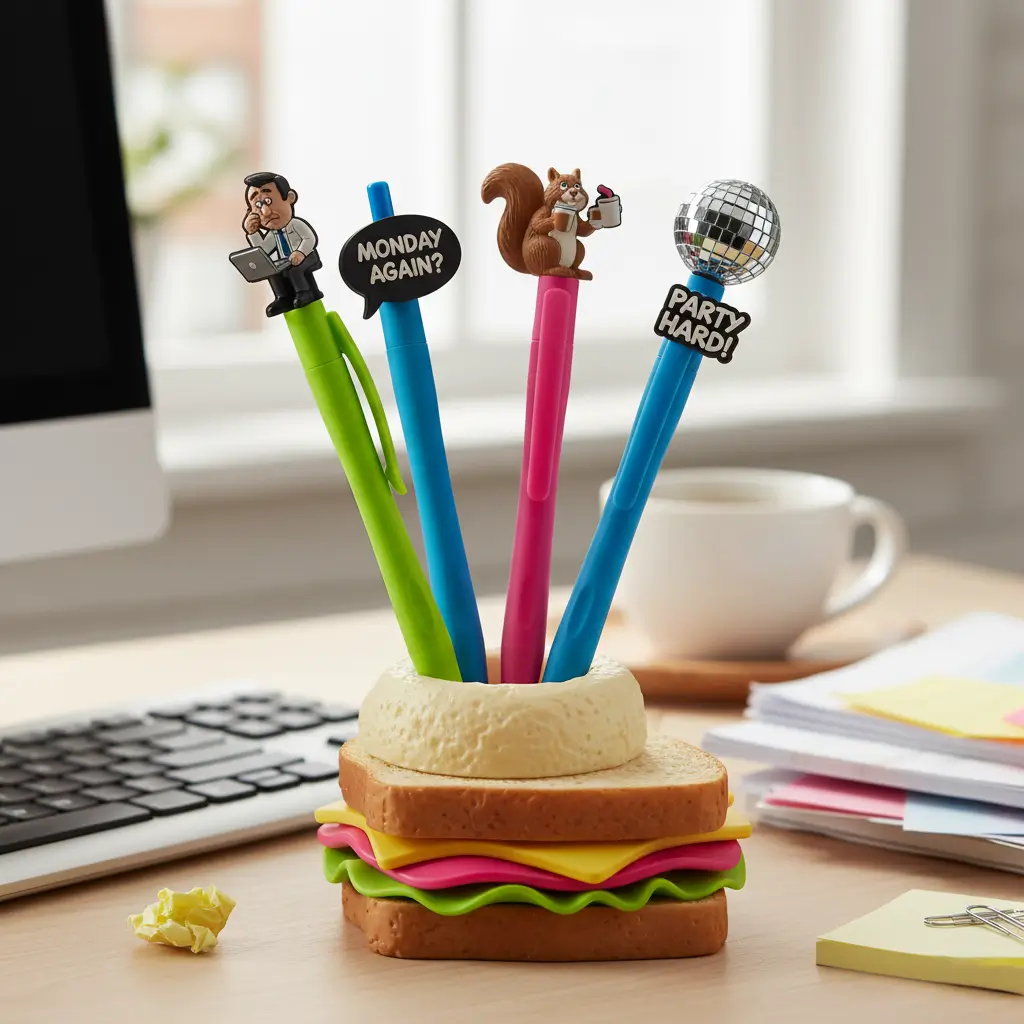Set of funny office pens with sarcastic quotes, ideal quirky holiday gift for colleagues.