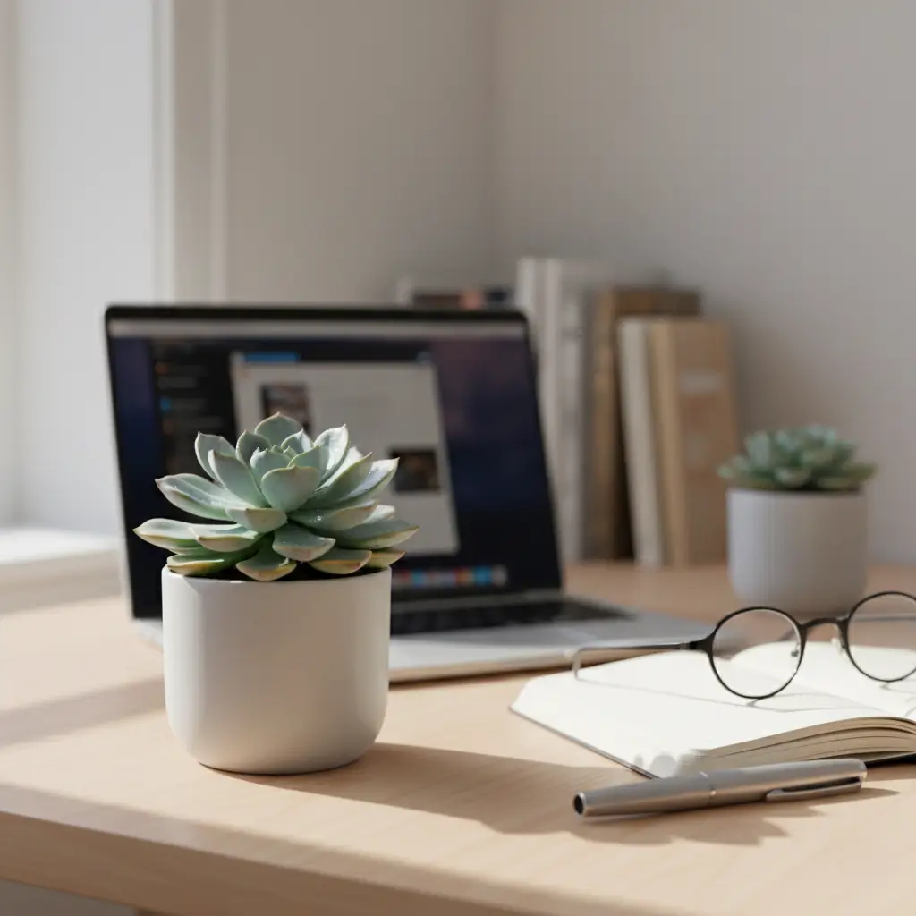 Small succulent in white pot adding greenery to office desk, cute choice in secret Santa gift ideas for coworkers.