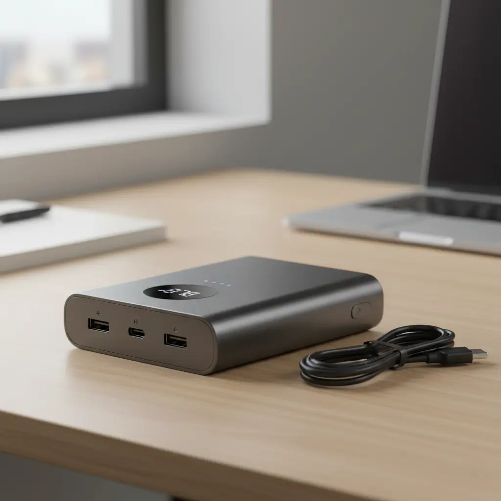 Compact portable phone charger on office desk, practical tech present for a busy coworker Secret Santa.