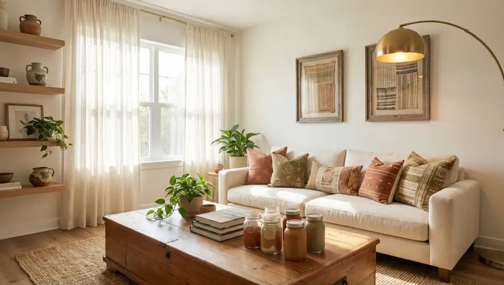 Economy home decor living room with budget-friendly furniture, DIY pillows, and thrifted decor looking expensive