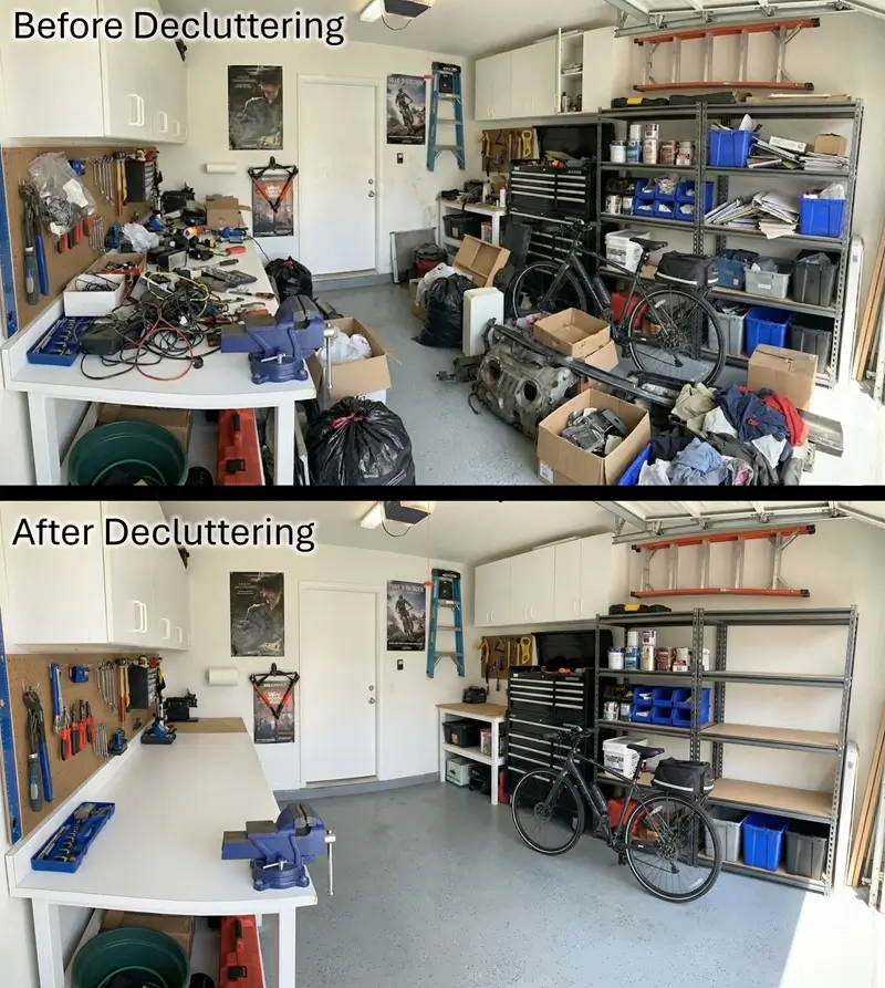 Before and after decluttering transformation showing economy home decor improvement with 50% surface items removed
