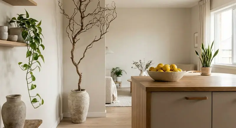 Free economy home decor using natural elements: branch in vase, bowl of lemons, and low-maintenance houseplants