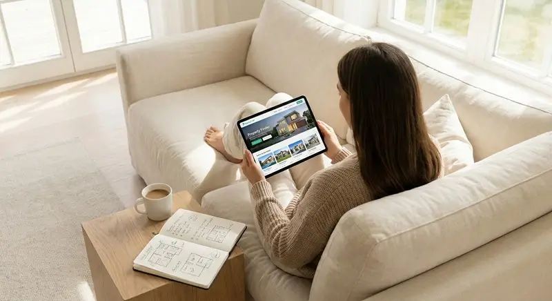 A person using a tablet to research real estate listings during the search phase of buying a home.