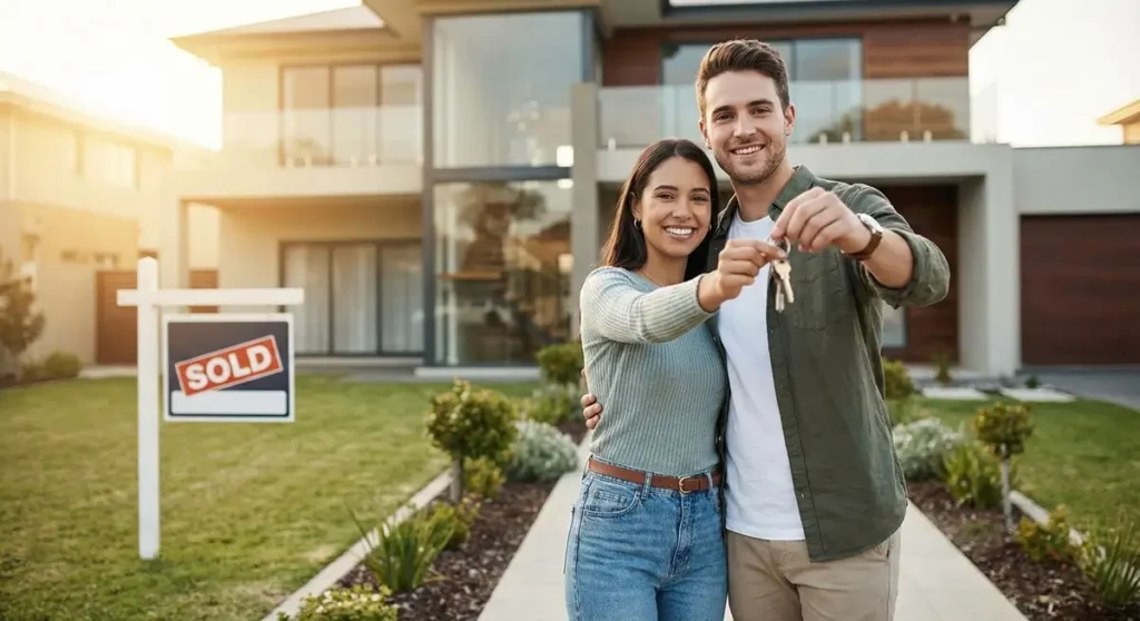 A happy couple holding keys in front of their newly purchased home, representing the end of the house buying process.