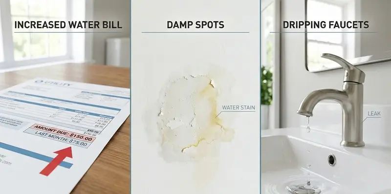 How to increase water pressure in your home by detecting leaks - warning signs including high water bill, wall water damage, and dripping faucet