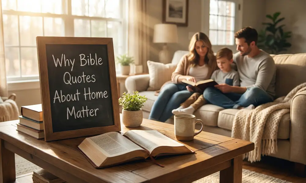 Family reading the Bible together in a cozy living room, with a chalkboard sign that says ‘Why Bible Quotes About Home Matter’ and an open Bible on the coffee table.